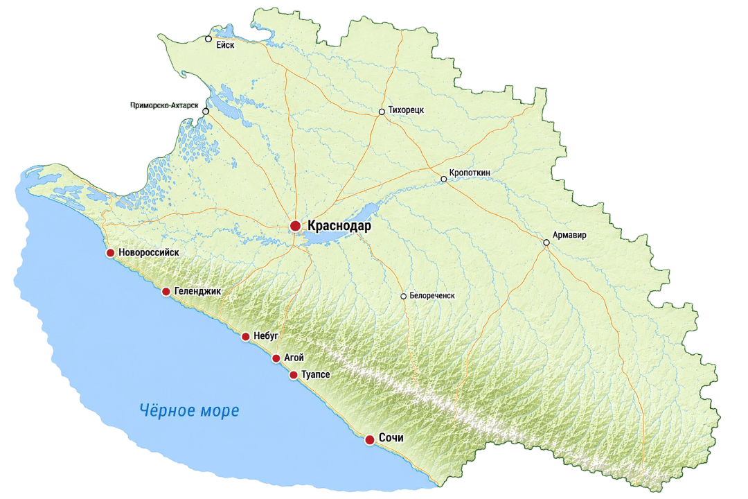 Карта Краснодарского края с Туапсе, Небугом и Сочи